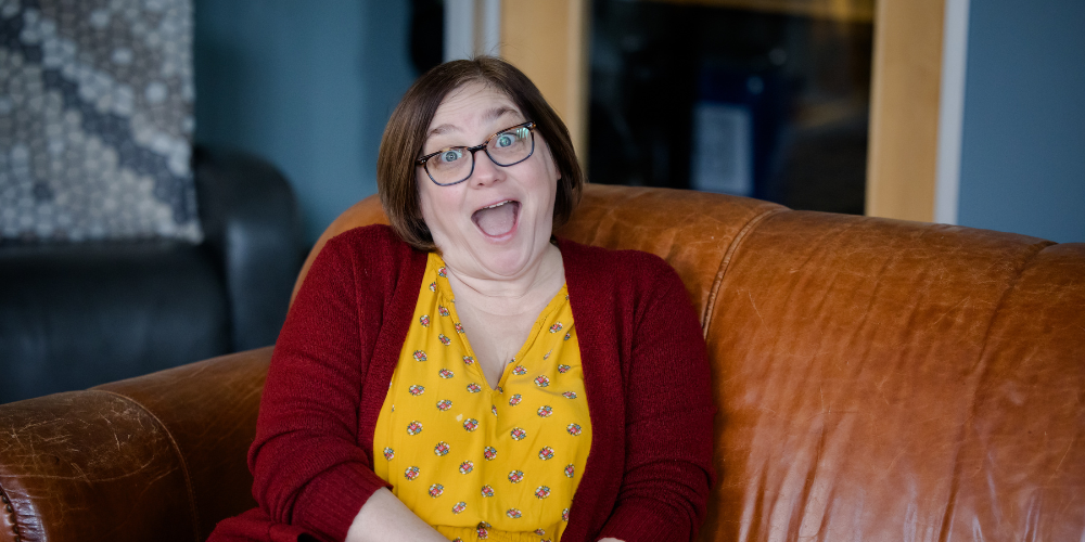 Kristie with eyes and mouth open big in surprise